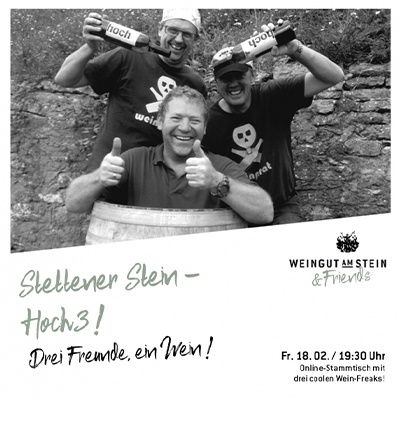 Joe, Stefan und Ludwig mit Hoch 3 Weinflaschen